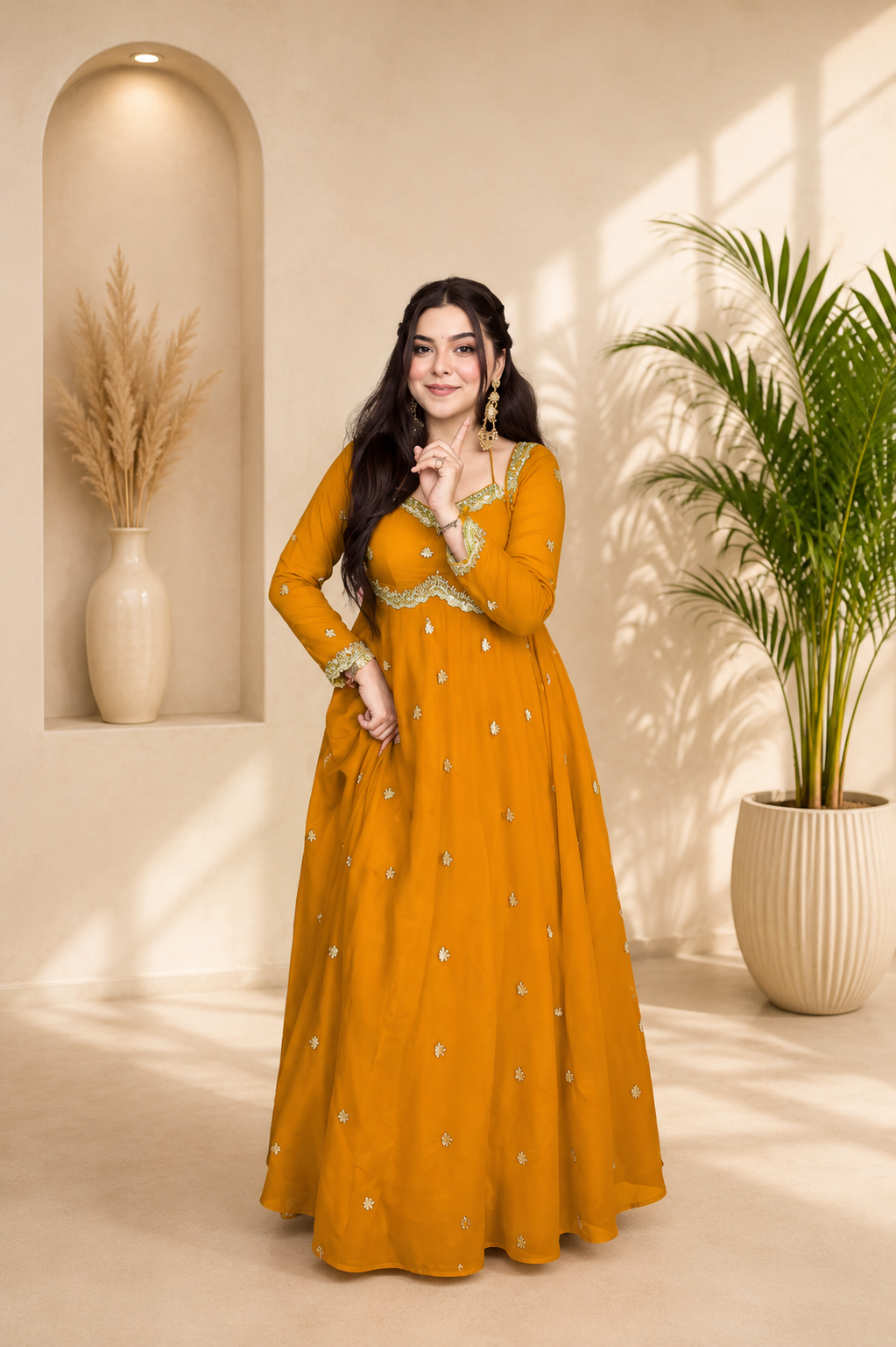 Neha Elegant Mustard Yellow Faux Georgette Anarkali Suit Set
