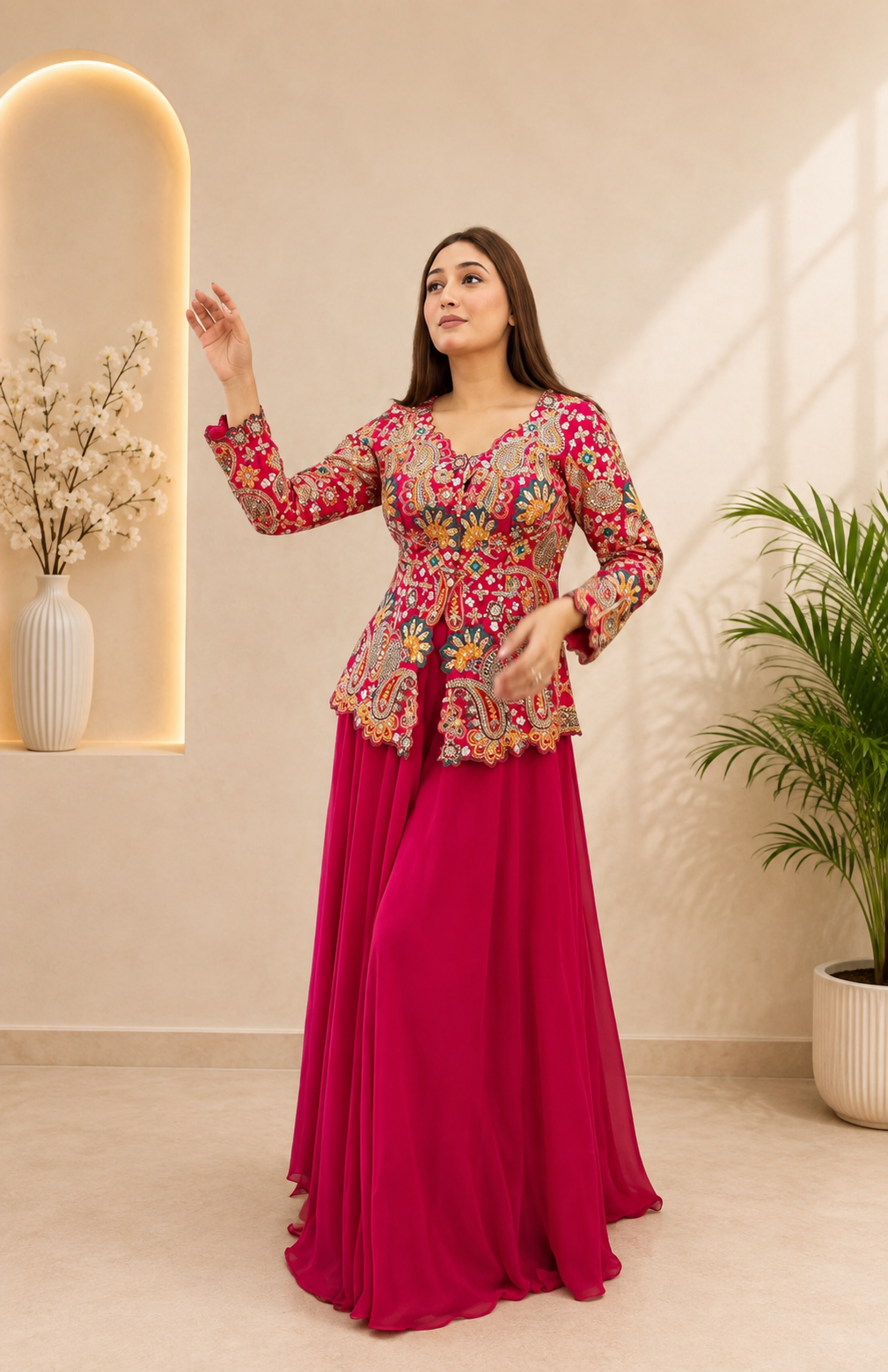 Festive Designer Rani Pink Georgette Indo-Western Set