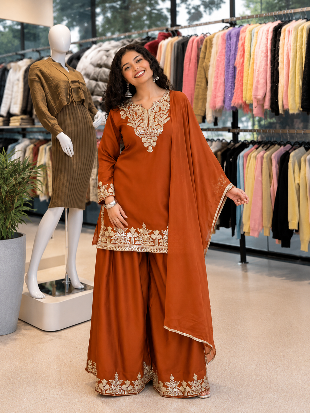 Very Attractive Orange Fandy Silk Embroidered Suit Set with Dupatta