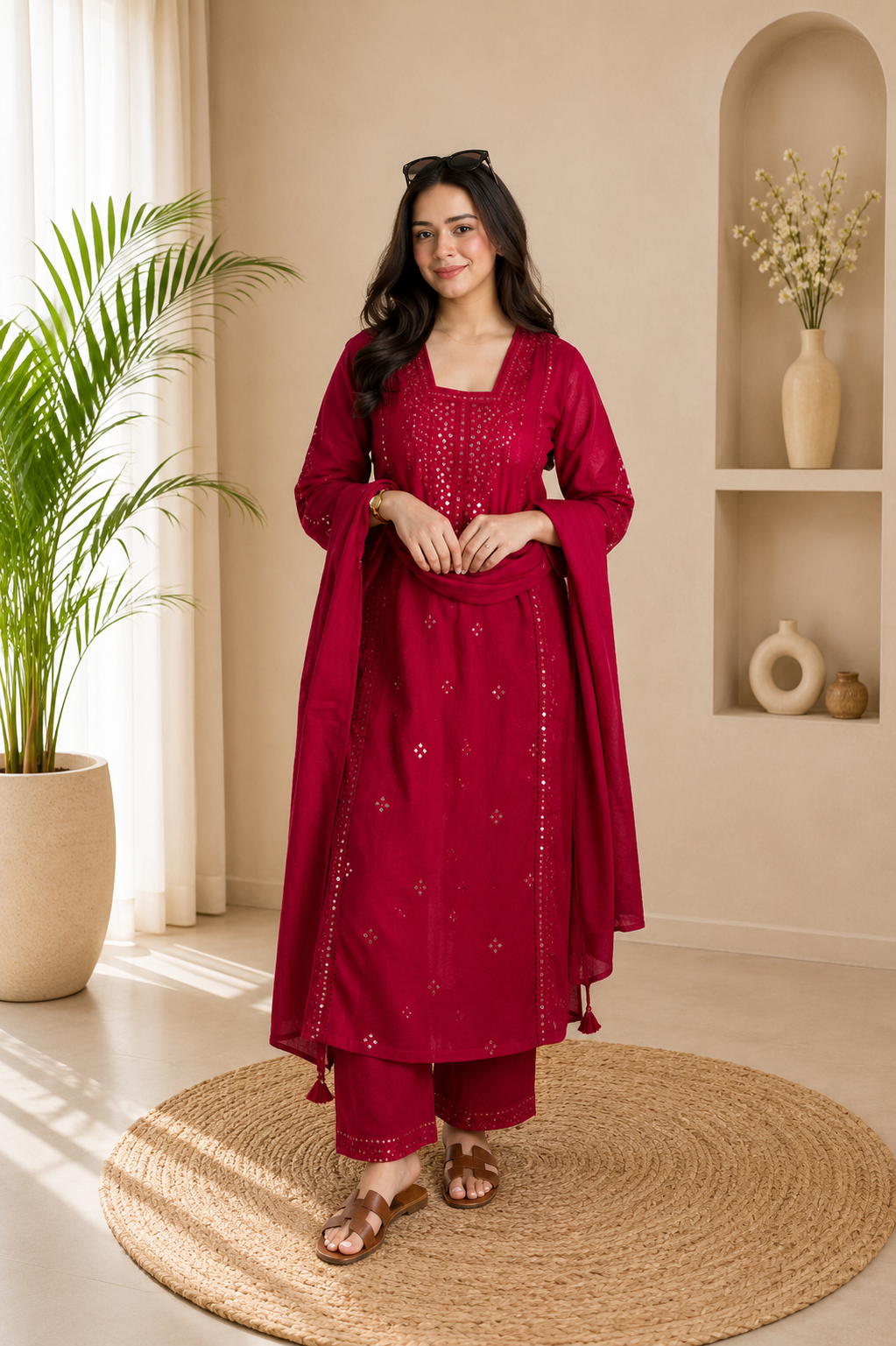 Elegant Red Roman Silk Embroidered Suit Set