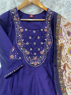 Attractive Navy Blue Premium Marina Silk Embroidered Kurti Pant Dupatta Set