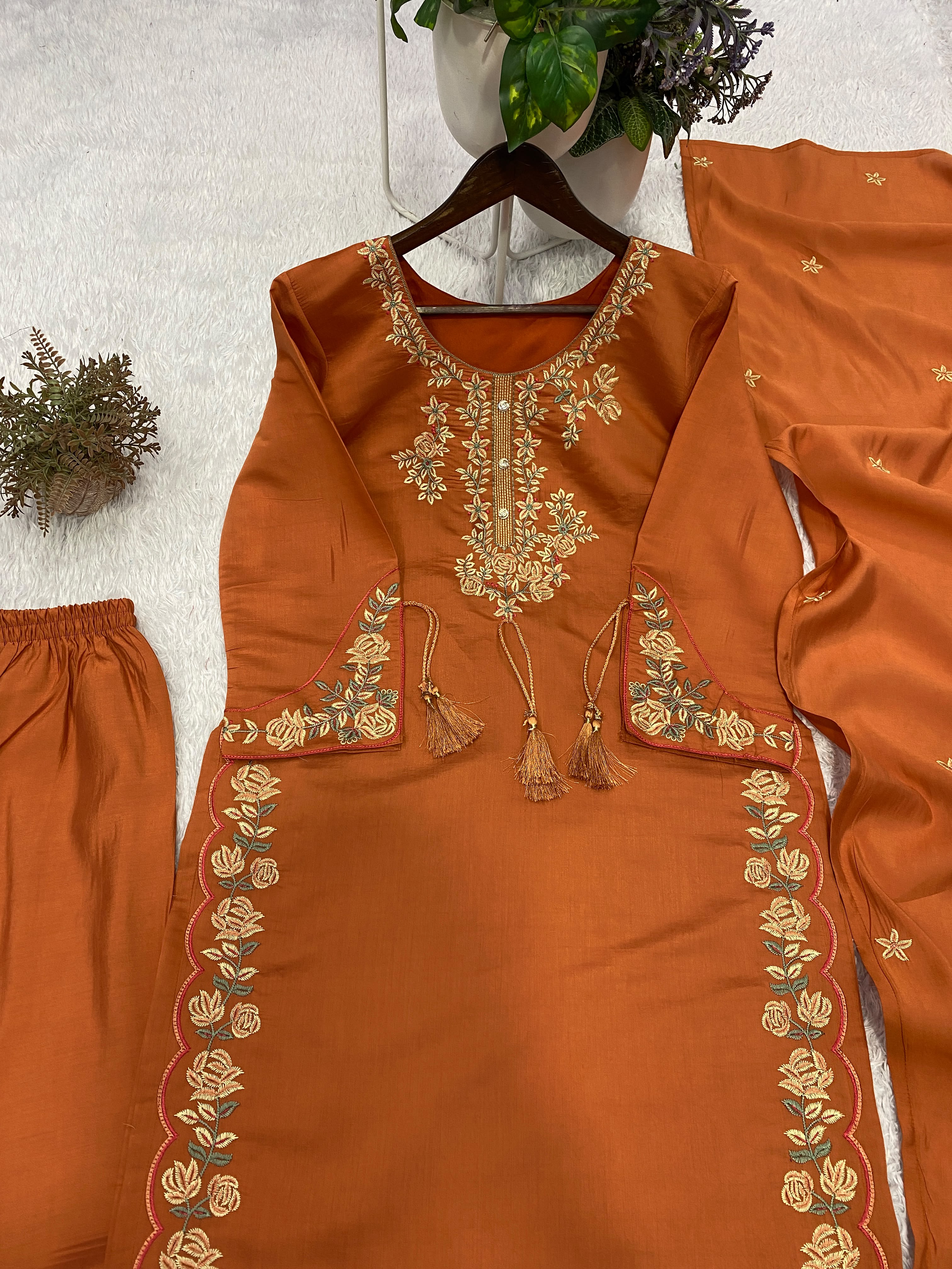 Elegant Orange Embroidered Roman Silk Suit Set with Dupatta
