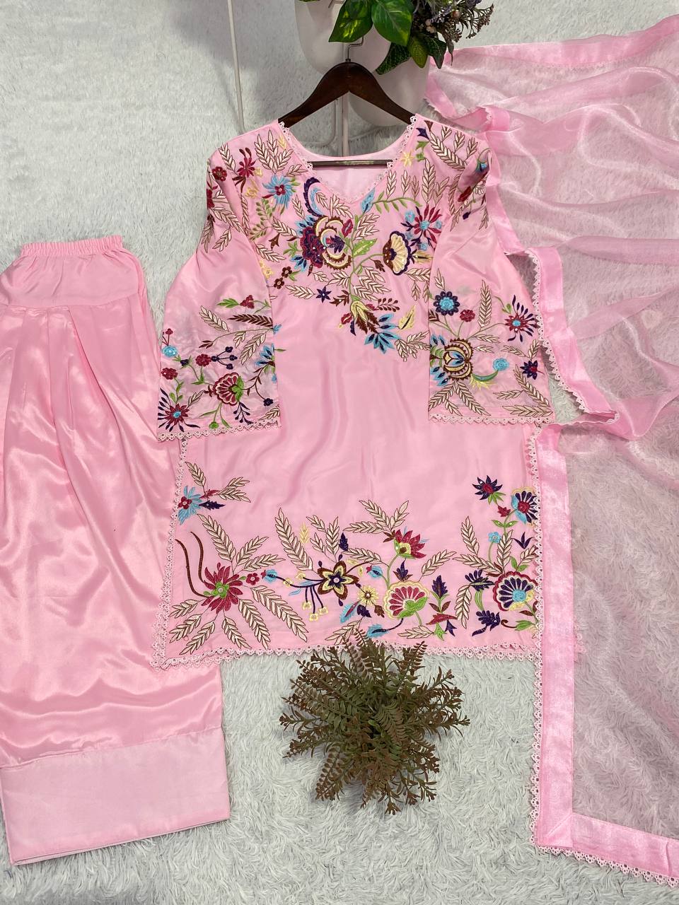 Beautiful Modern Pink Embroidered Crape Silk Suit Set with Organza Dupatta