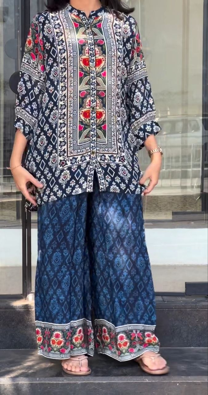 Woman's Ethnic Blue Printed Natural Crepe Co-Ord Set