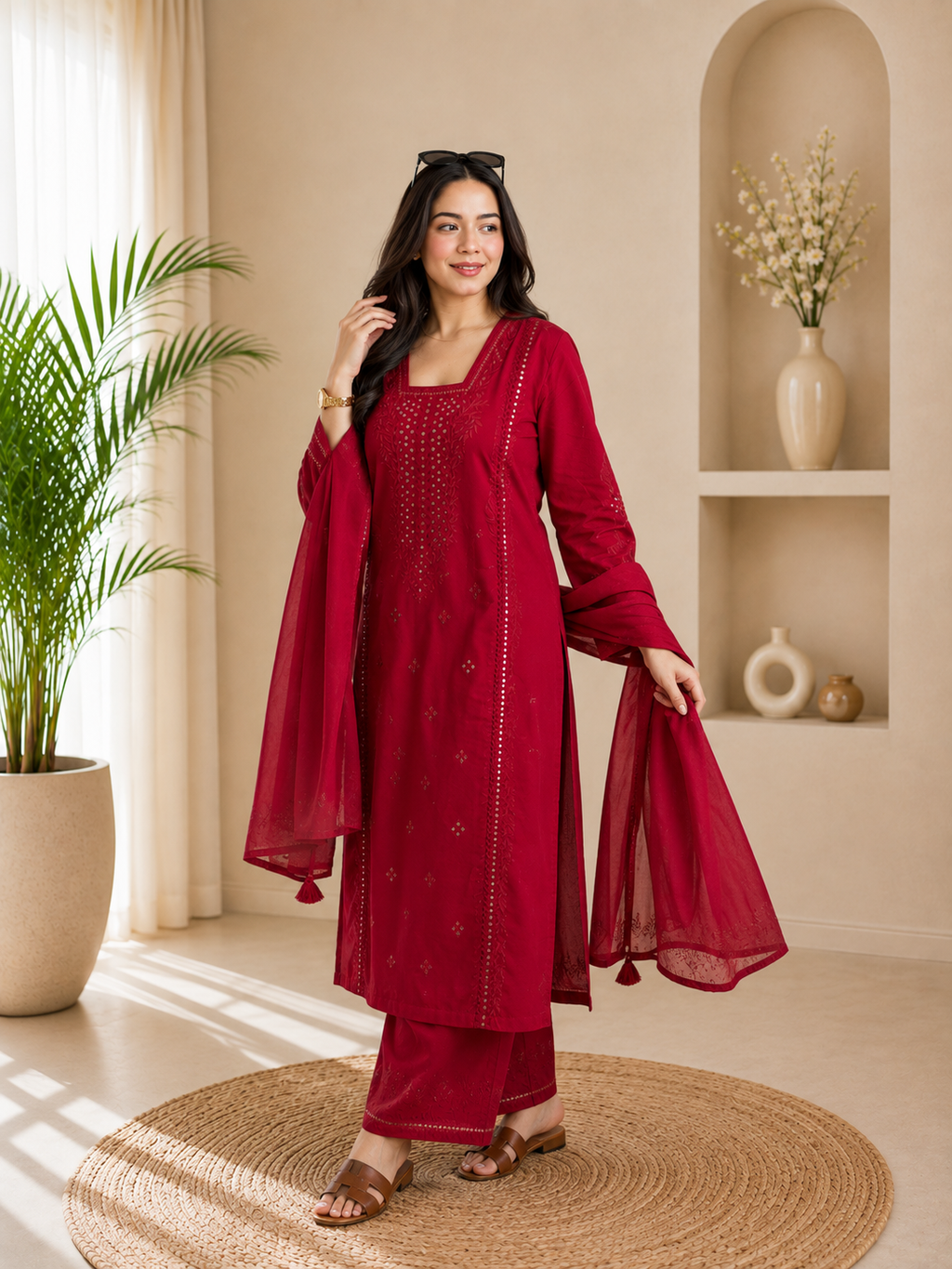 Elegant Red Roman Silk Embroidered Suit Set