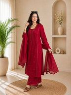 Elegant Red Roman Silk Embroidered Suit Set