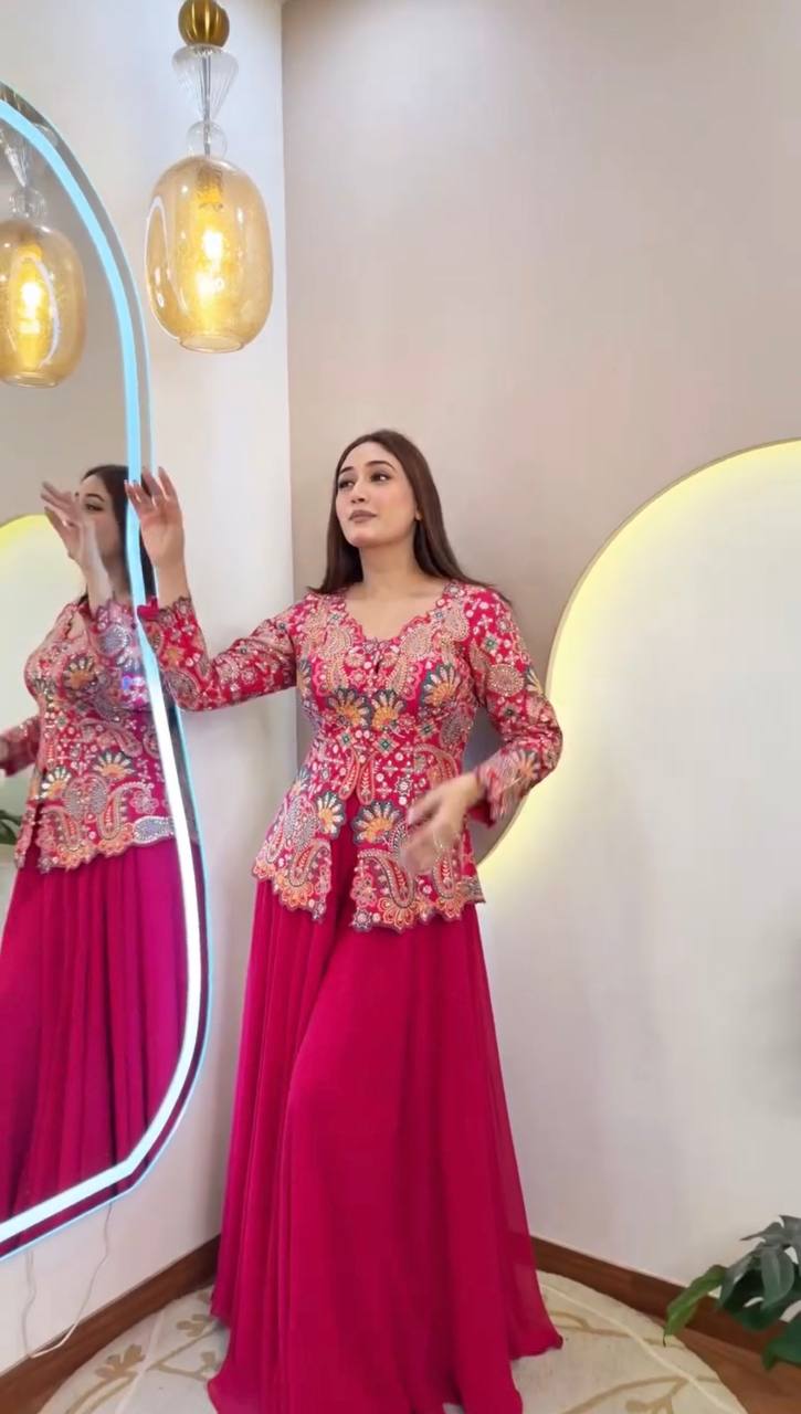 Festive Designer Rani Pink Georgette Indo-Western Set
