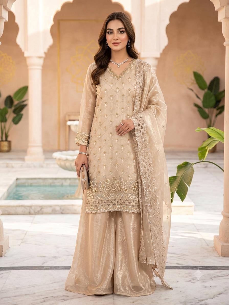 New Designer Golden Fandy Silk Embroidered Suit Set with Organza Dupatta