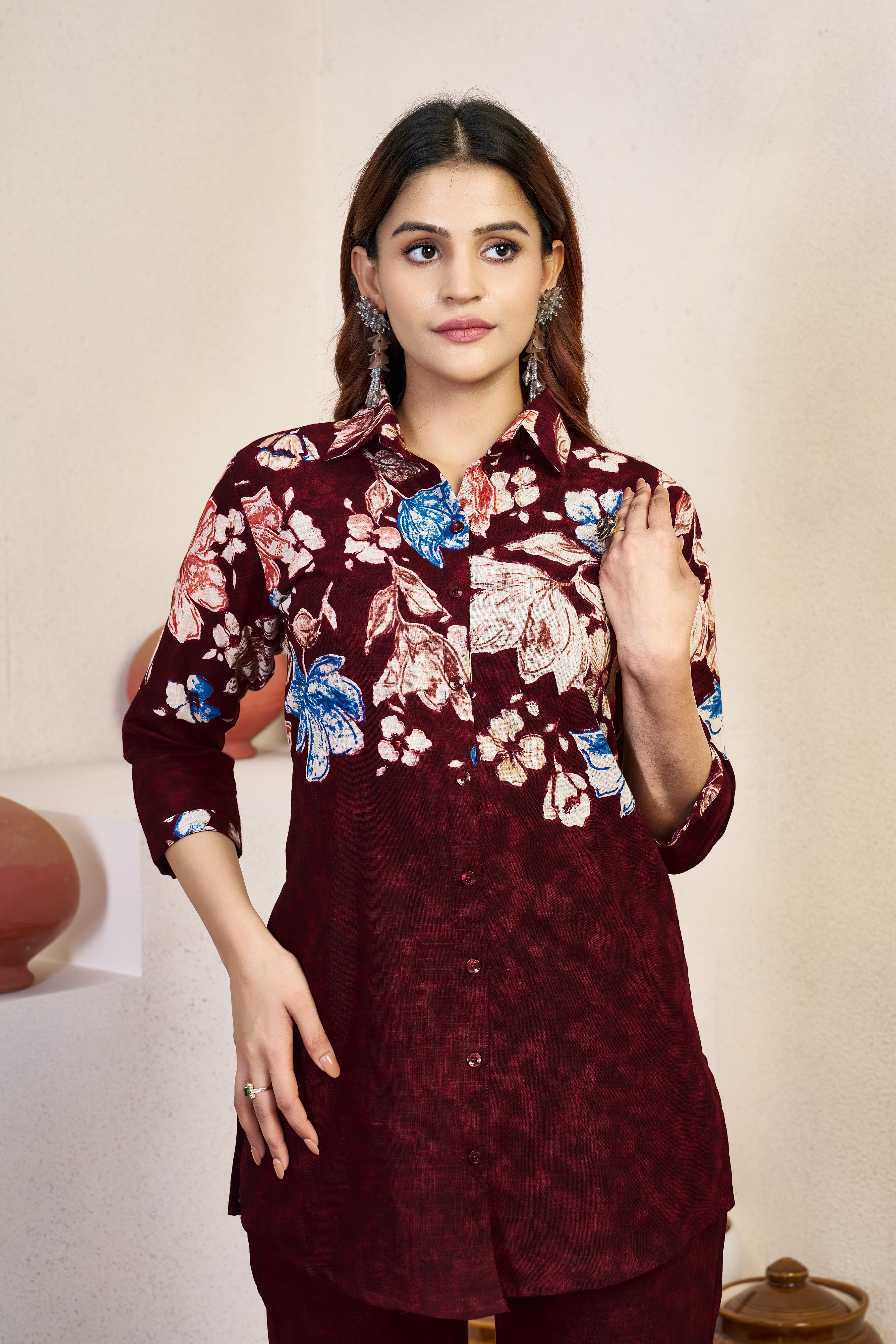 Premium Maroon Pure Cotton Printed Co-Ord Set
