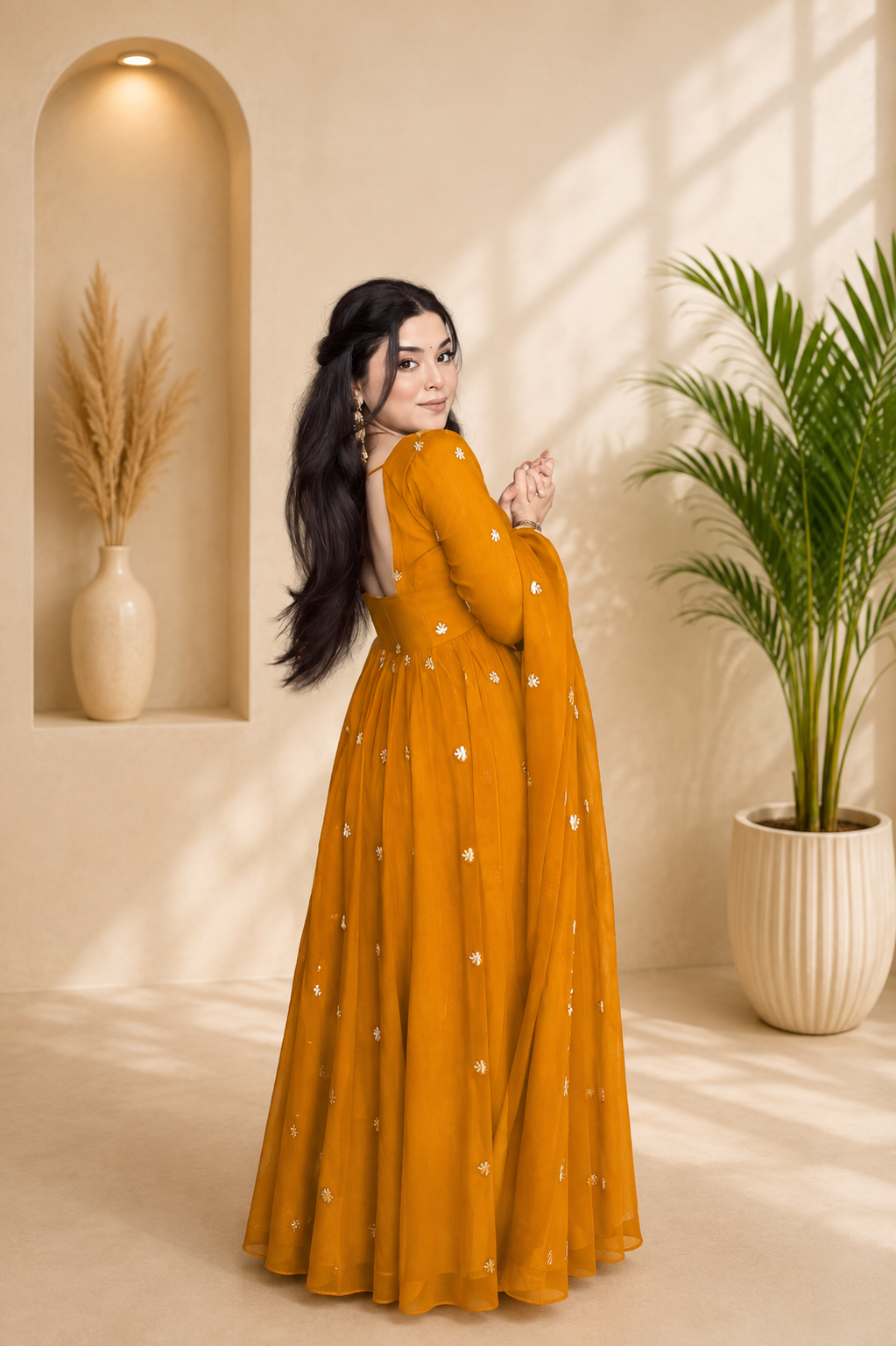 Neha Elegant Mustard Yellow Faux Georgette Anarkali Suit Set