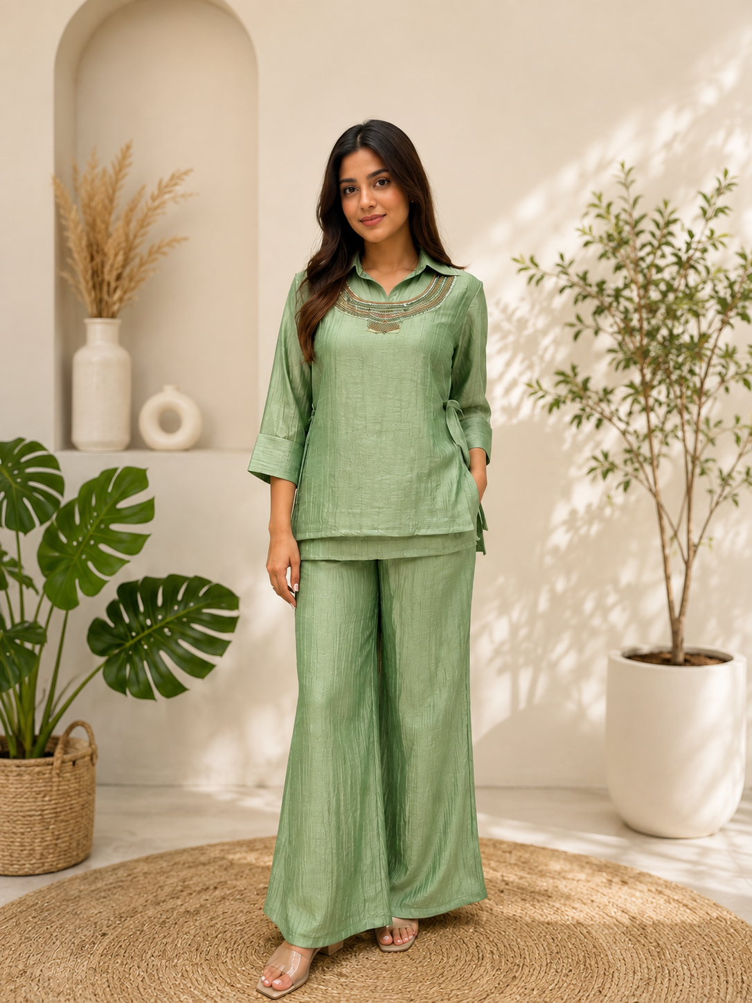 Elegant Sage Green Salsa Crushed Festive Co-Ord Set