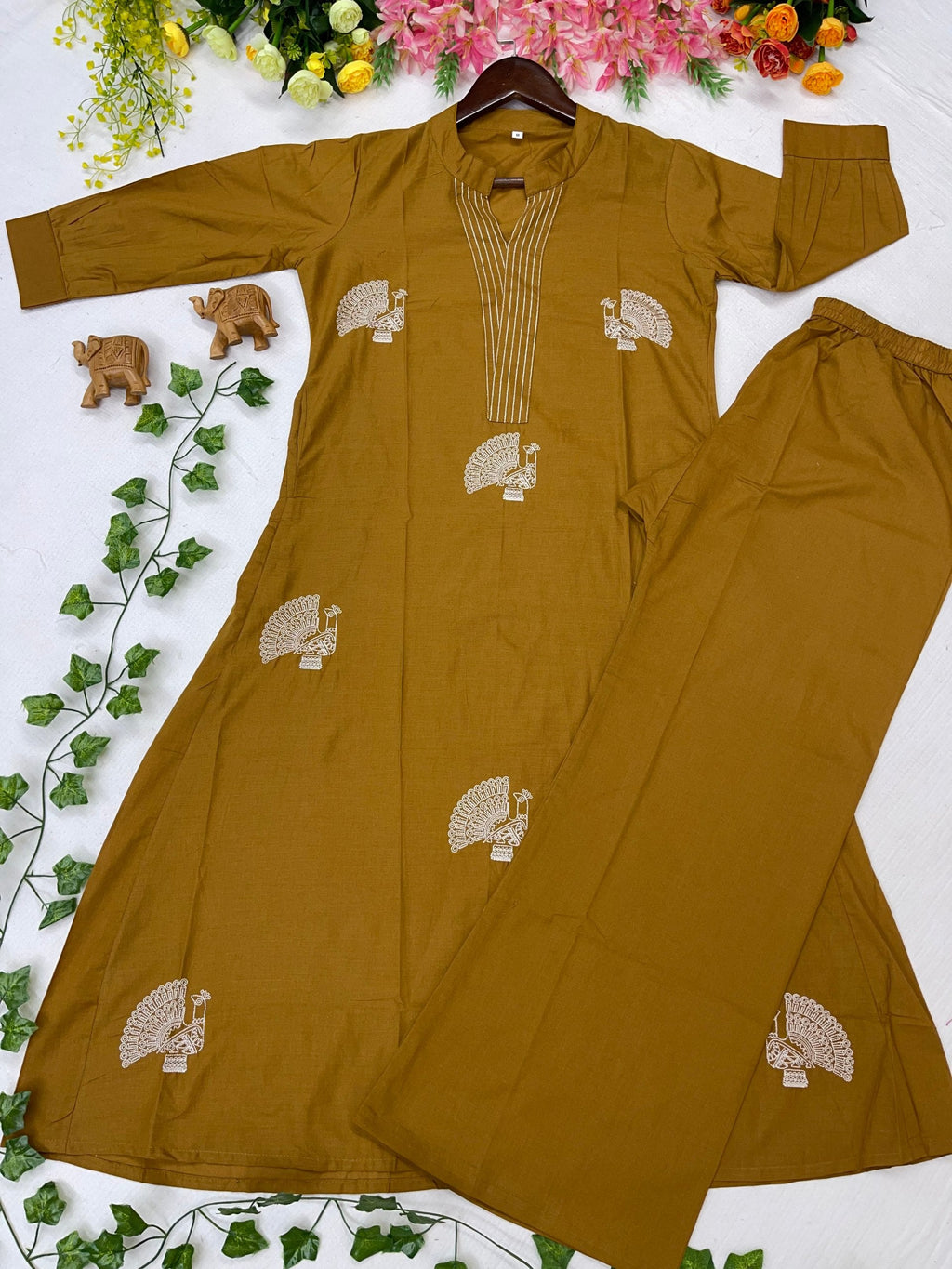 Elegant Yellow Voile Cotton A-Line Kurta Set with Peacock Thread Embroidery