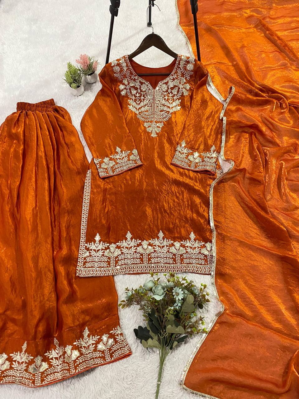 Very Attractive Orange Fandy Silk Embroidered Suit Set with Dupatta