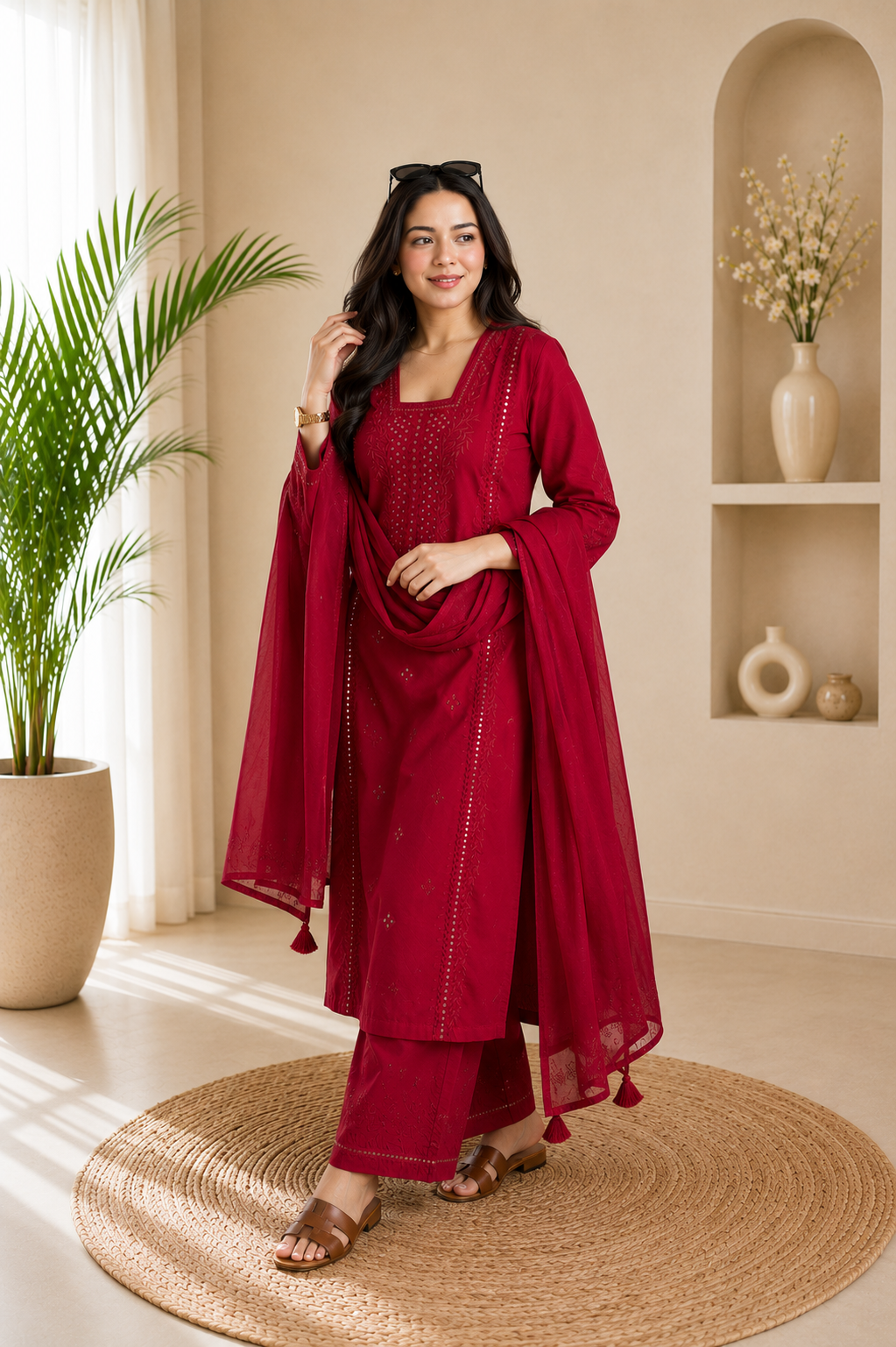 Elegant Red Roman Silk Embroidered Suit Set
