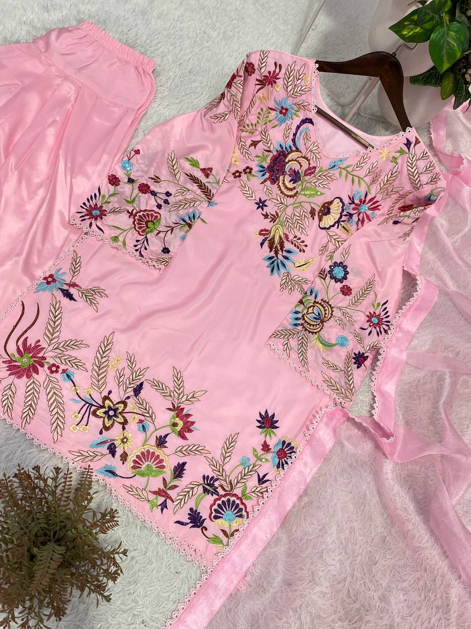 Beautiful Modern Pink Embroidered Crape Silk Suit Set with Organza Dupatta