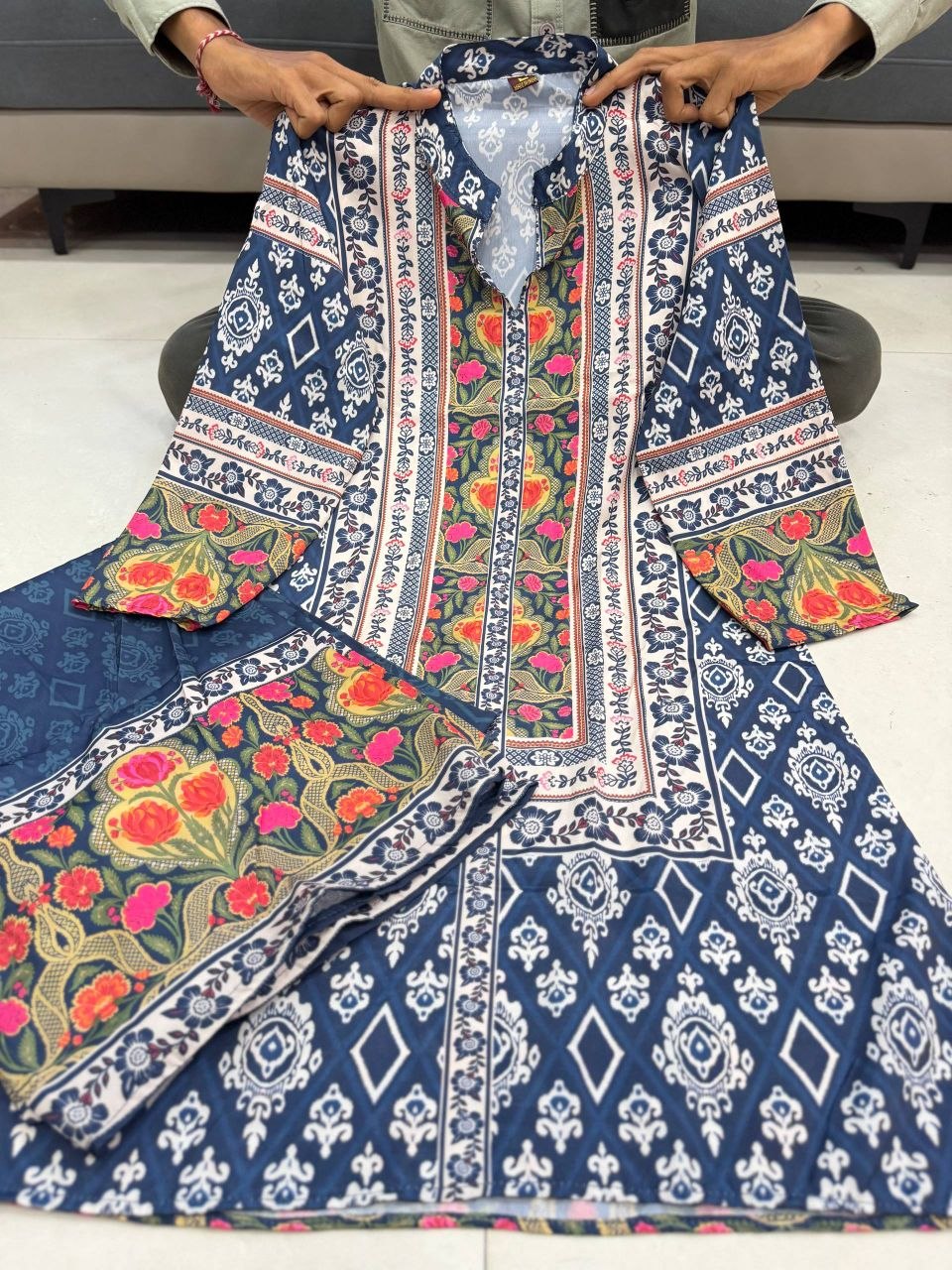Woman's Ethnic Blue Printed Natural Crepe Co-Ord Set