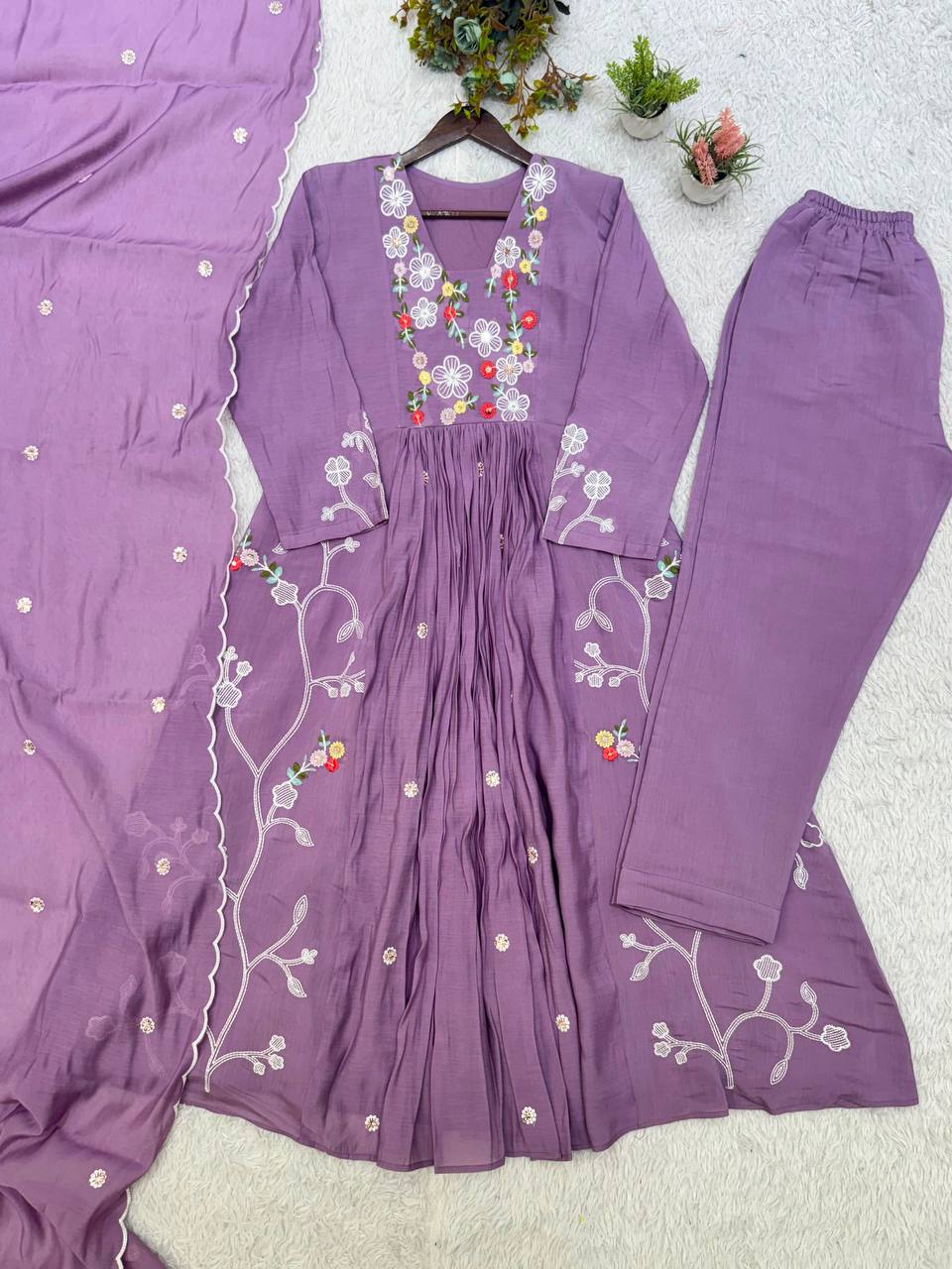 Very Beautiful Festive Embroidery Mul Chanderi Anarkali Suit Set