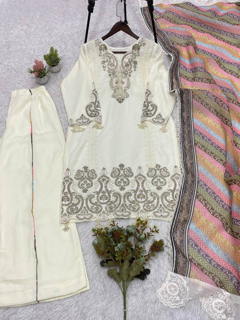 Elegant Star Georgette Embroidered Salwar Suit with Multicolor Chevron Dupatta