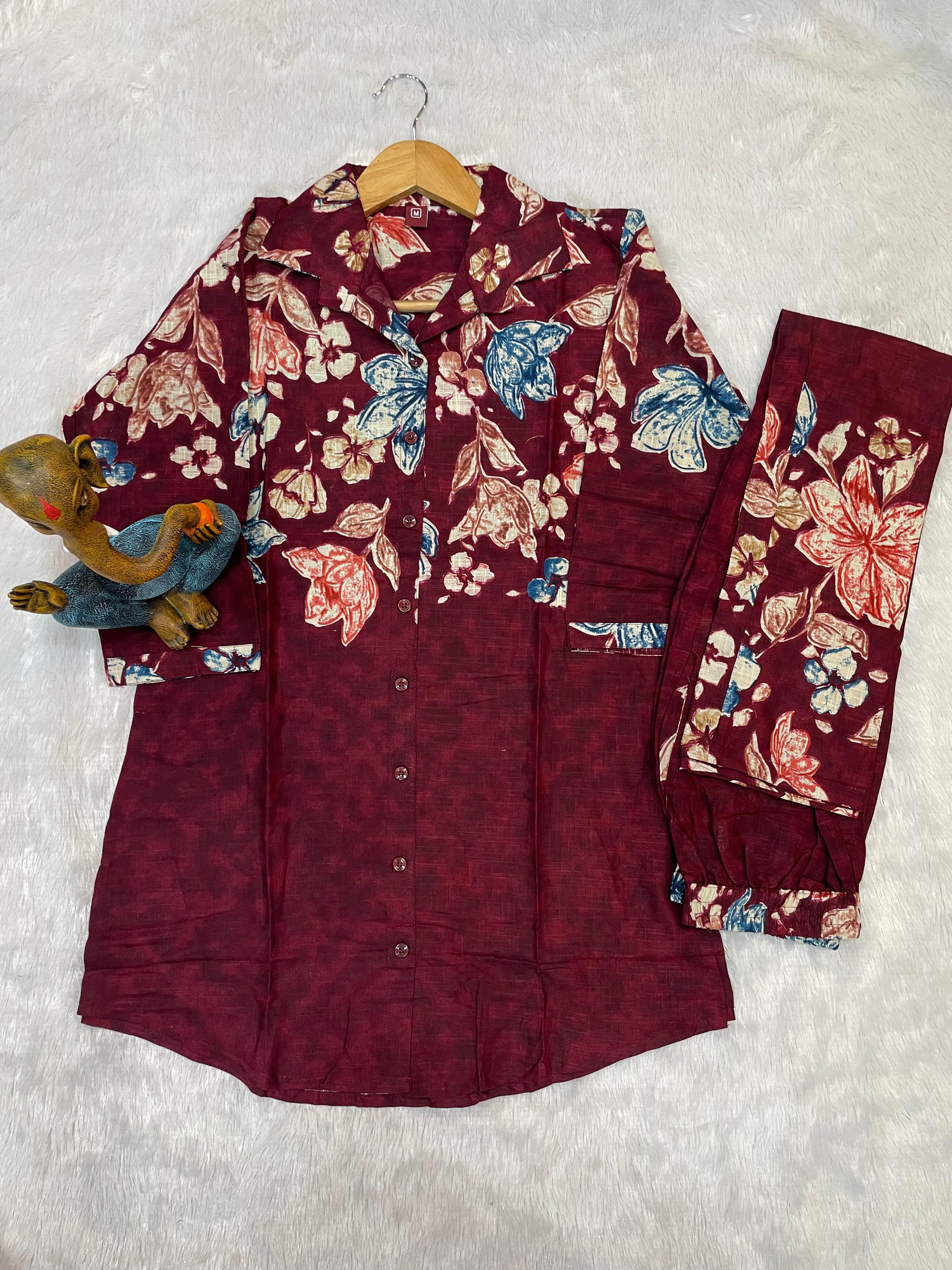 Premium Maroon Pure Cotton Printed Co-Ord Set