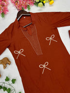 Elegant Terracotta Voile Cotton A-Line Tunic Set with Thread Work