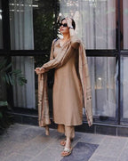 Elegant Beige Viscose Rayon Straight Kurta Pant Set with Print Dupatta