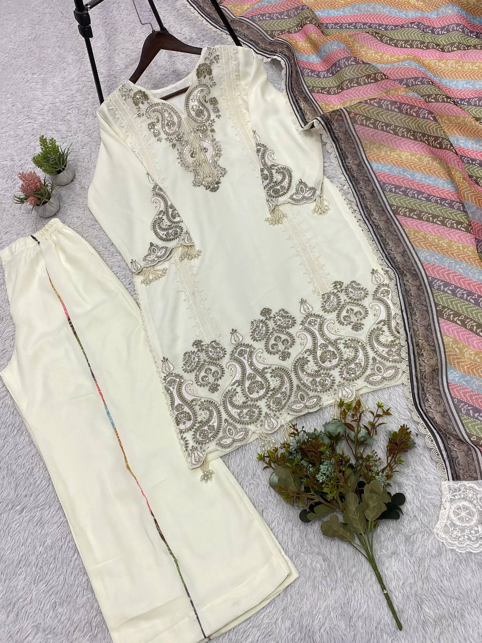 Elegant Star Georgette Embroidered Salwar Suit with Multicolor Chevron Dupatta