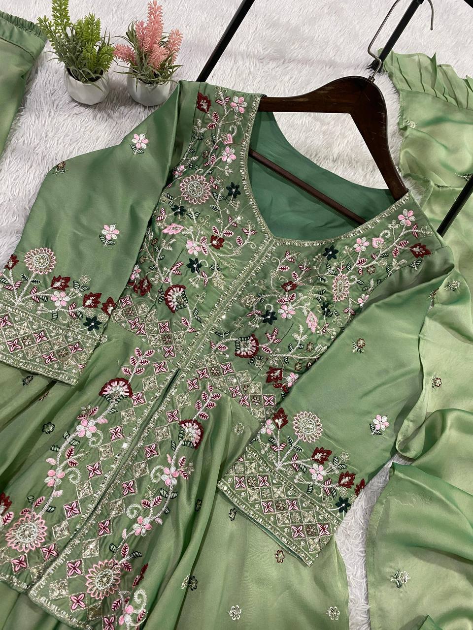 Very Attractive Teal Green Rangoli Silk Embroidered Suit Set