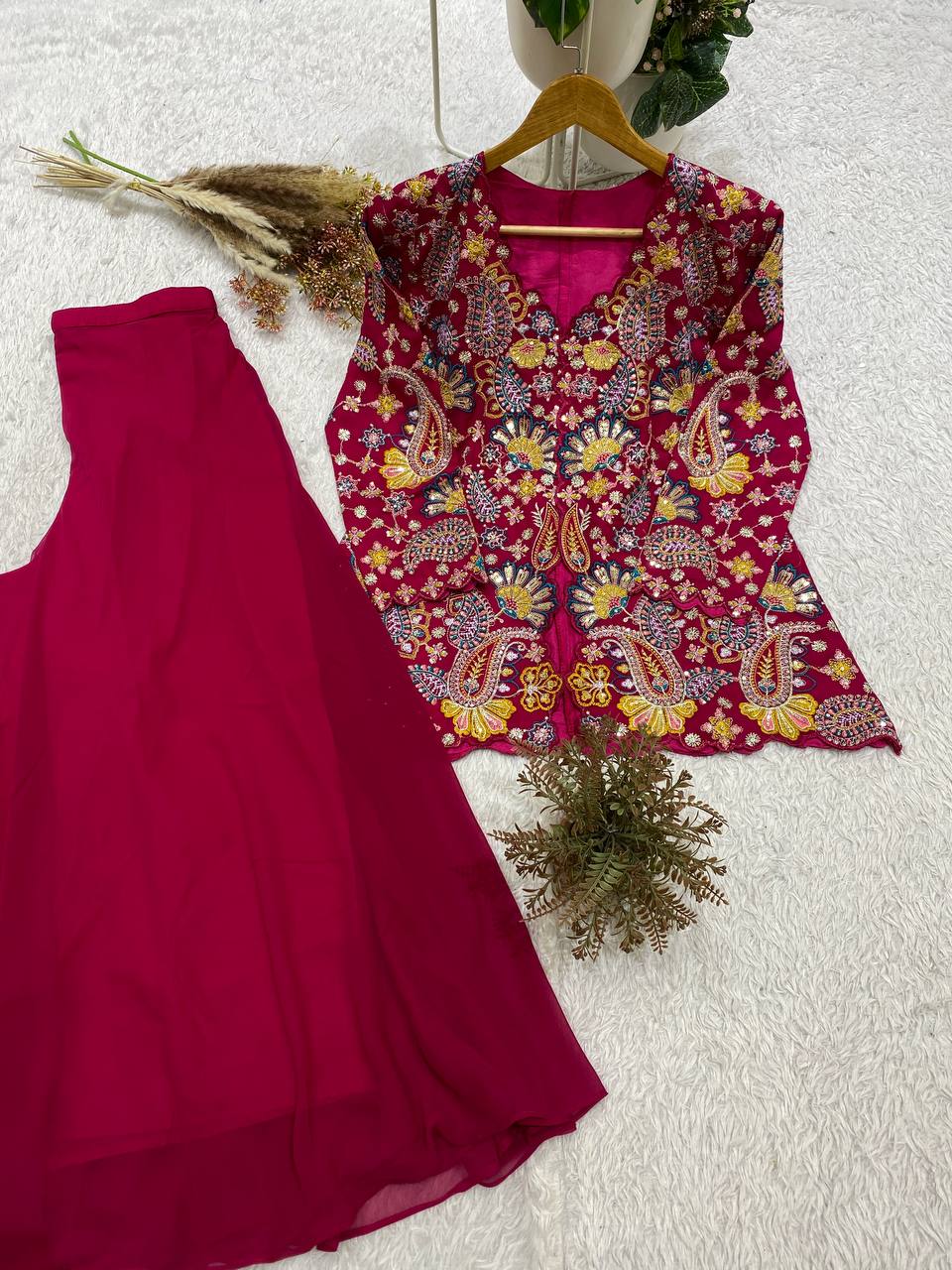 Festive Designer Rani Pink Georgette Indo-Western Set