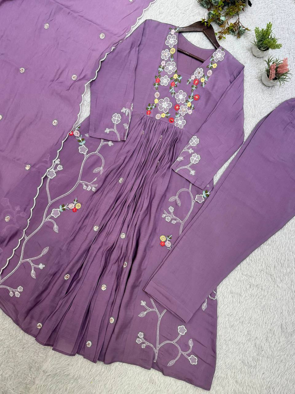 Very Beautiful Festive Embroidery Mul Chanderi Anarkali Suit Set