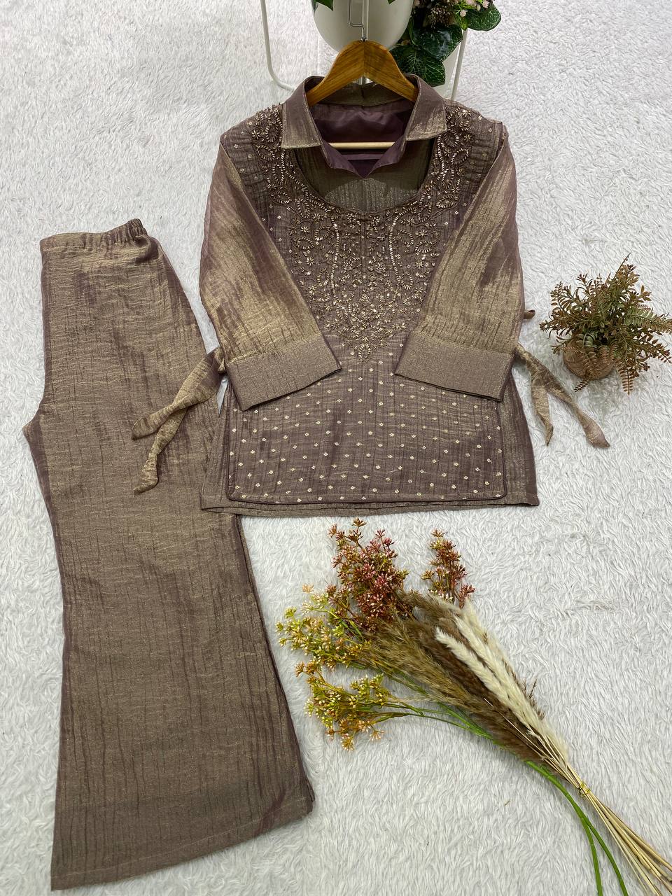 Very Attractive Festive Salsa Silk Handwork Co-Ord Set