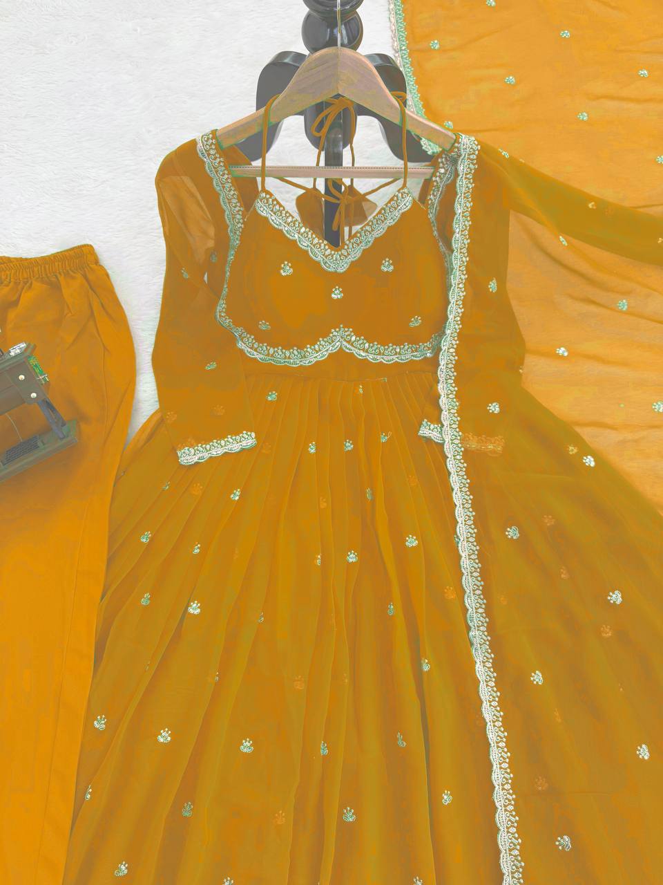 Neha Elegant Mustard Yellow Faux Georgette Anarkali Suit Set