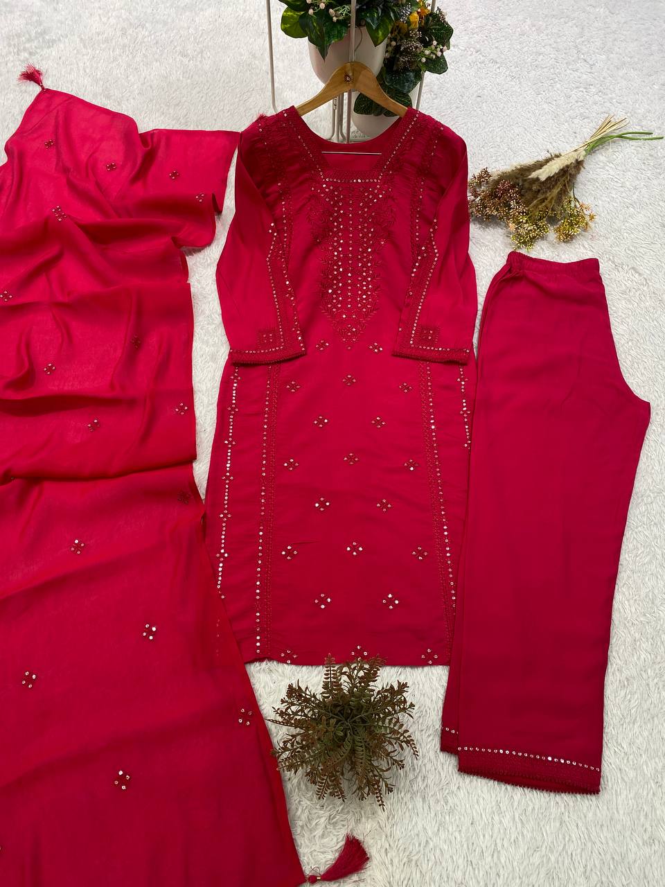 Elegant Red Roman Silk Embroidered Suit Set