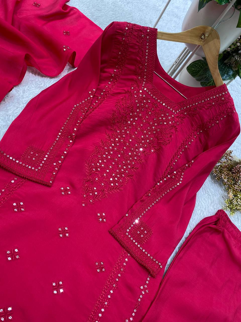 Elegant Red Roman Silk Embroidered Suit Set
