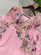 Beautiful Modern Pink Embroidered Crape Silk Suit Set with Organza Dupatta