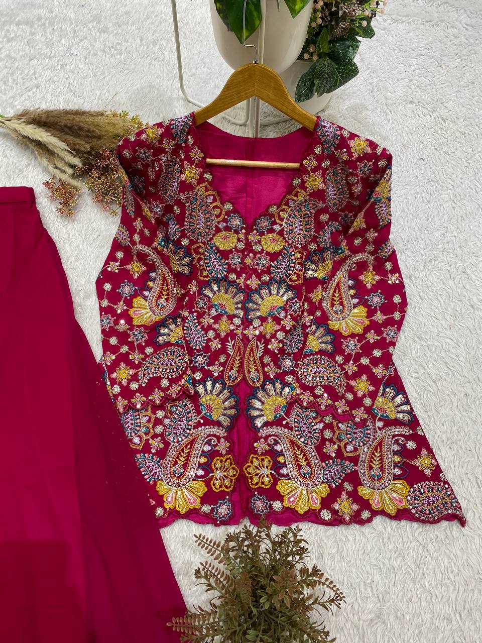 Festive Designer Rani Pink Georgette Indo-Western Set