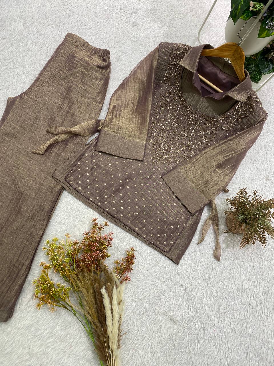 Very Attractive Festive Salsa Silk Handwork Co-Ord Set