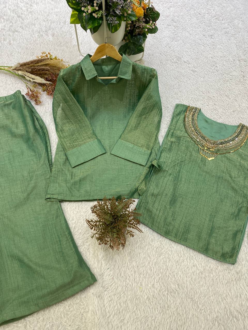 Elegant Sage Green Salsa Crushed Festive Co-Ord Set
