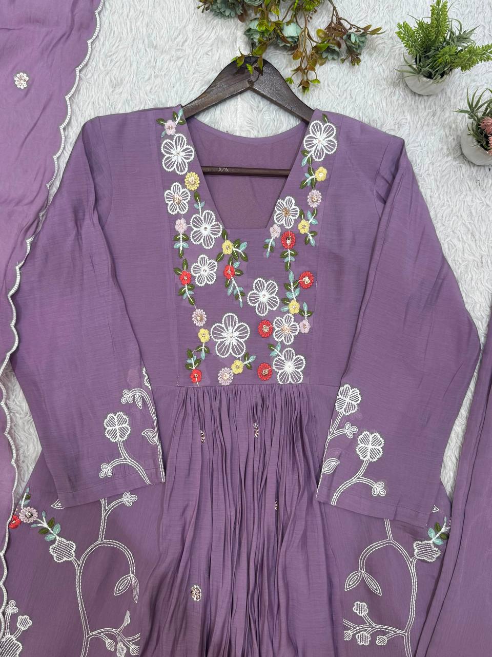 Very Beautiful Festive Embroidery Mul Chanderi Anarkali Suit Set