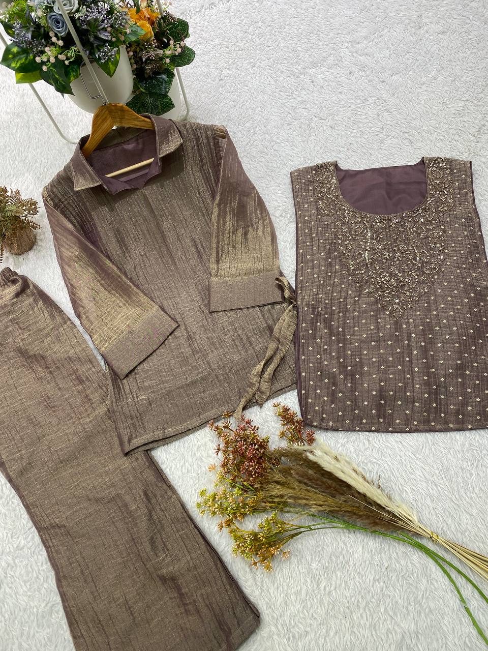 Very Attractive Festive Salsa Silk Handwork Co-Ord Set