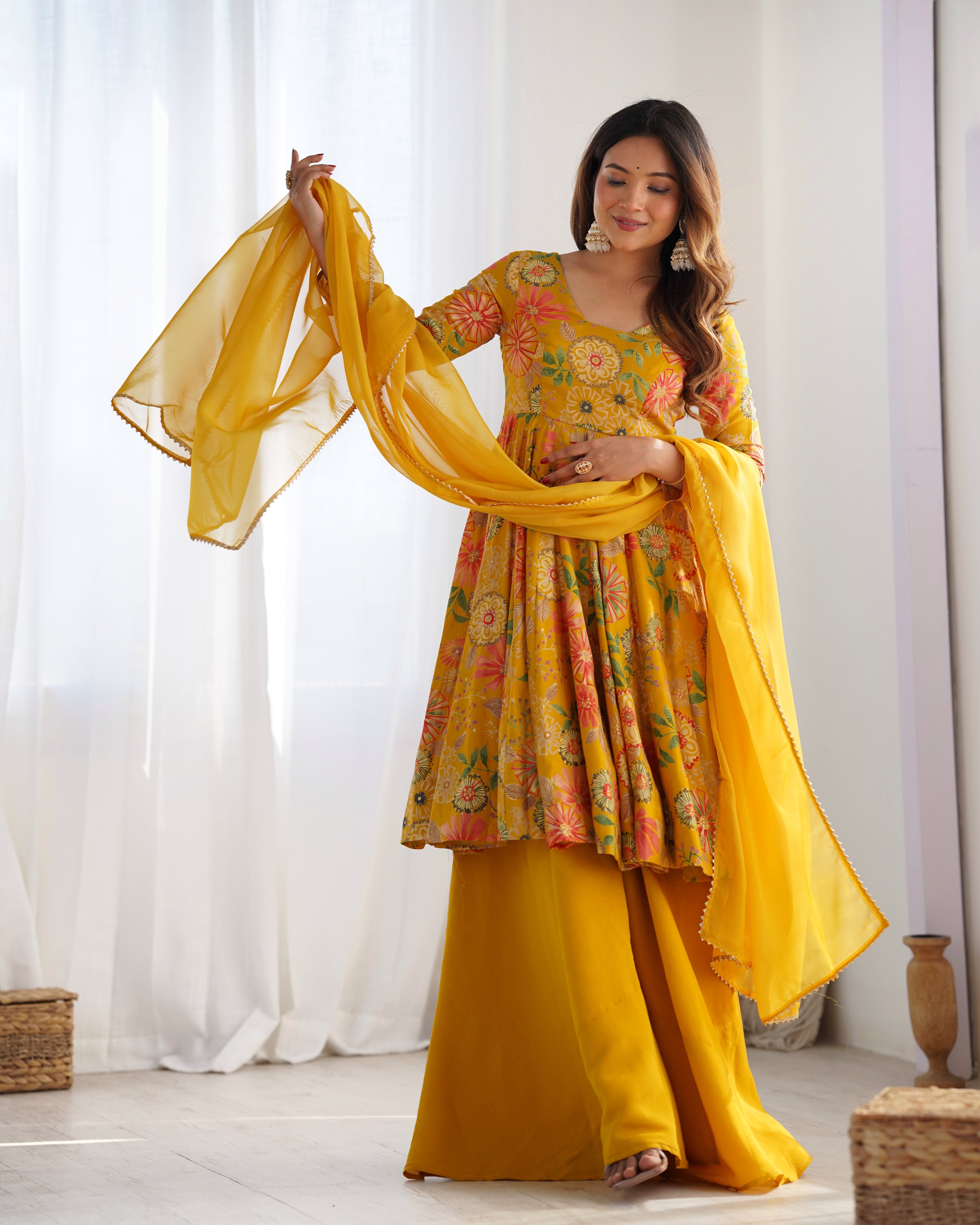 Sunshine Bloom Printed Roman Silk Kurta Palazzo Set with Dupatta