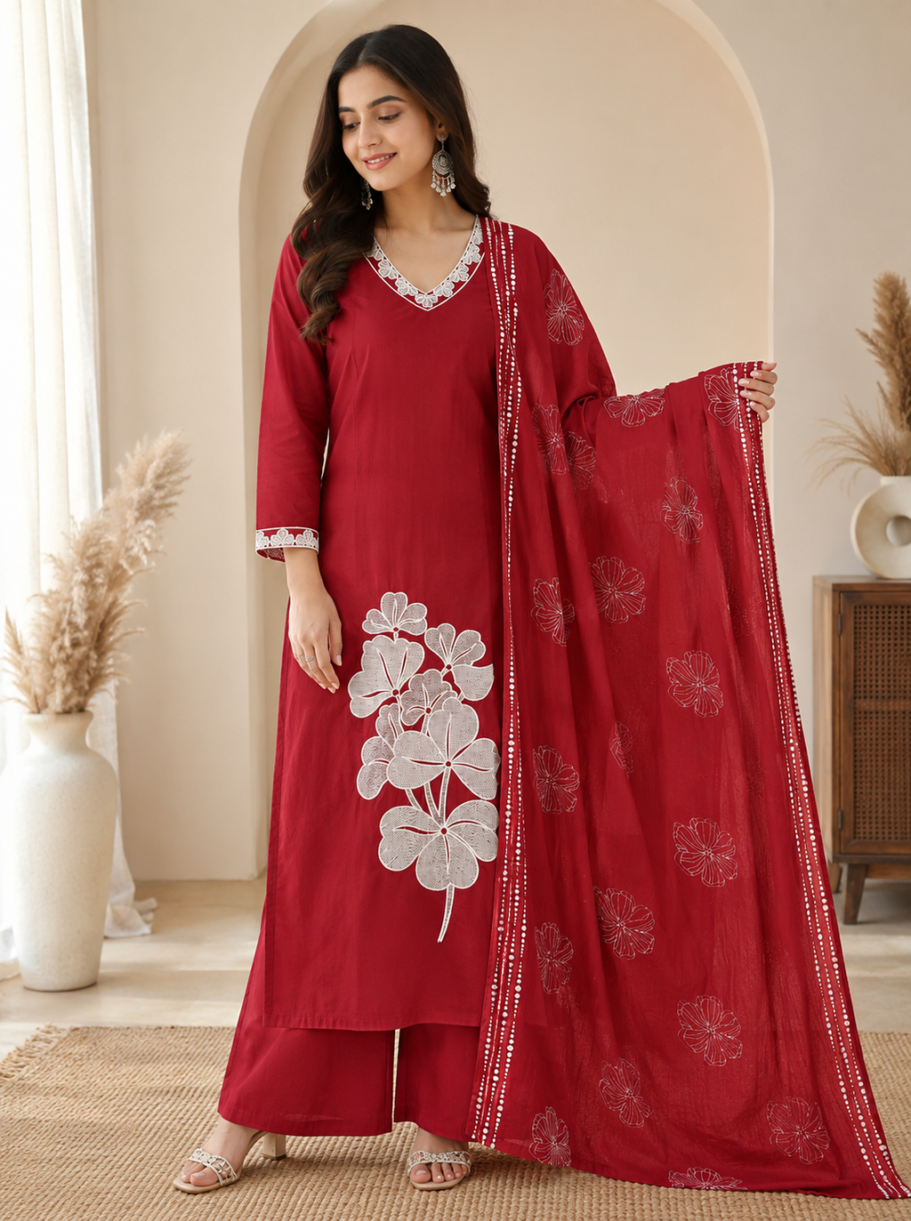 Very Beautiful Red Floral Embroidered Cotton Suit Set