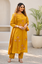 Festive Mustard Pure Cotton Suit Set with Floral Mirror Hand Work