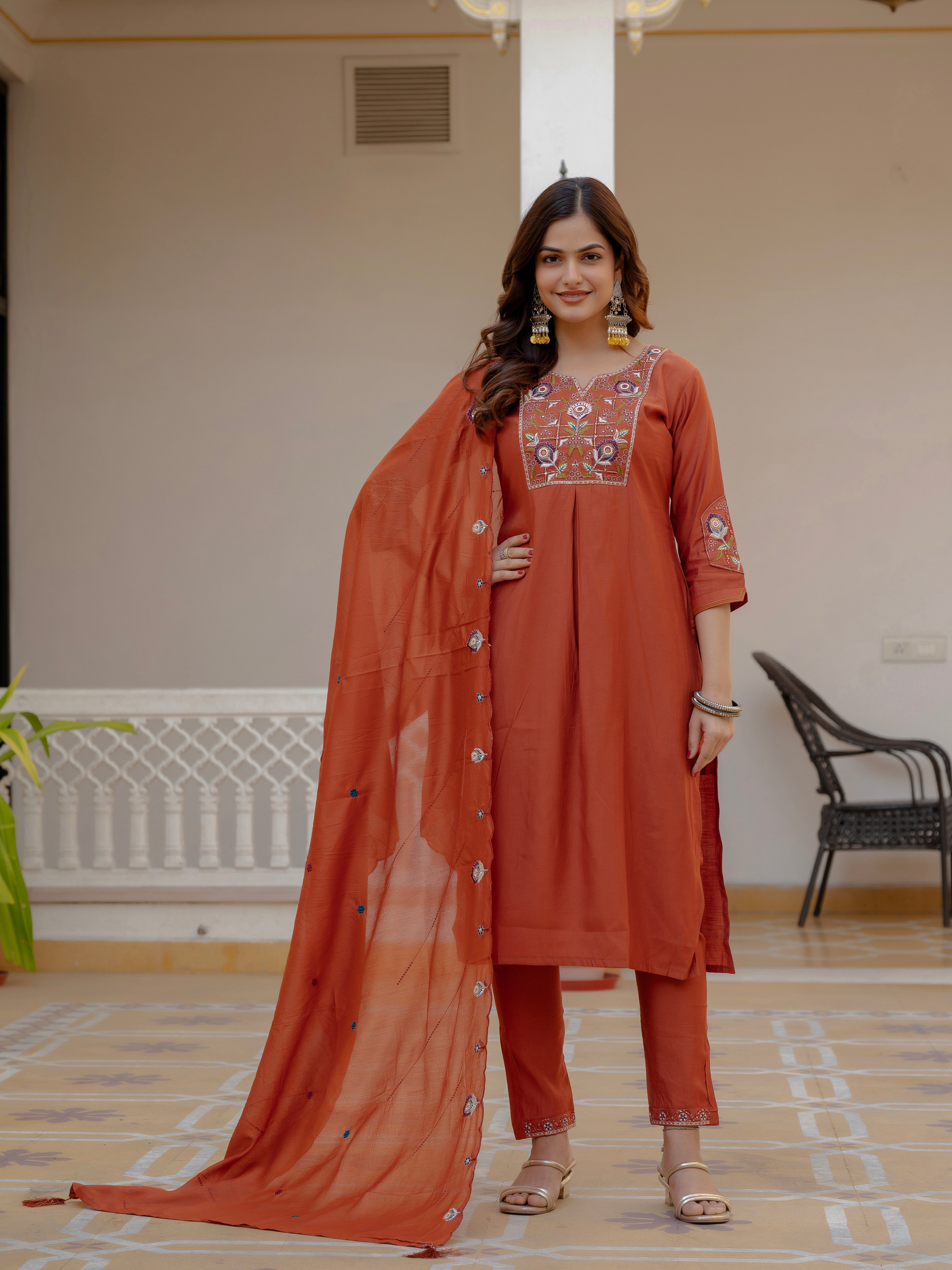 Designer Rust Orange Embroidered Kurta Set with Dupatta