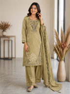 Elegant Olive Green Crunchy Silk Embroidered Suit Set with Organza Dupatta