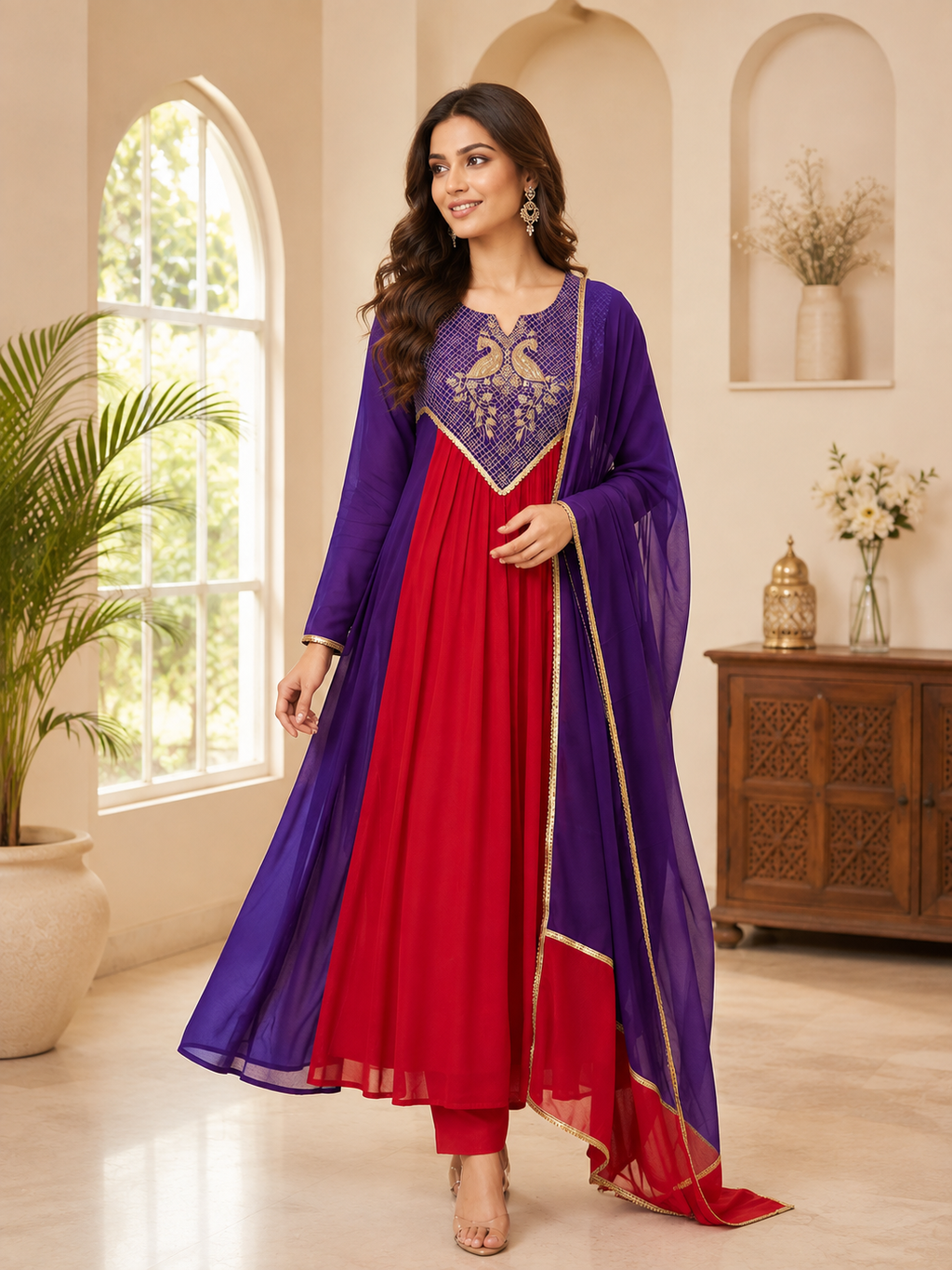 Festive Sequence Embroidered Mul Chanderi Anarkali Suit Set