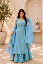 Elegant Sky Blue Fandy Silk Sharara Set With Sequence Work