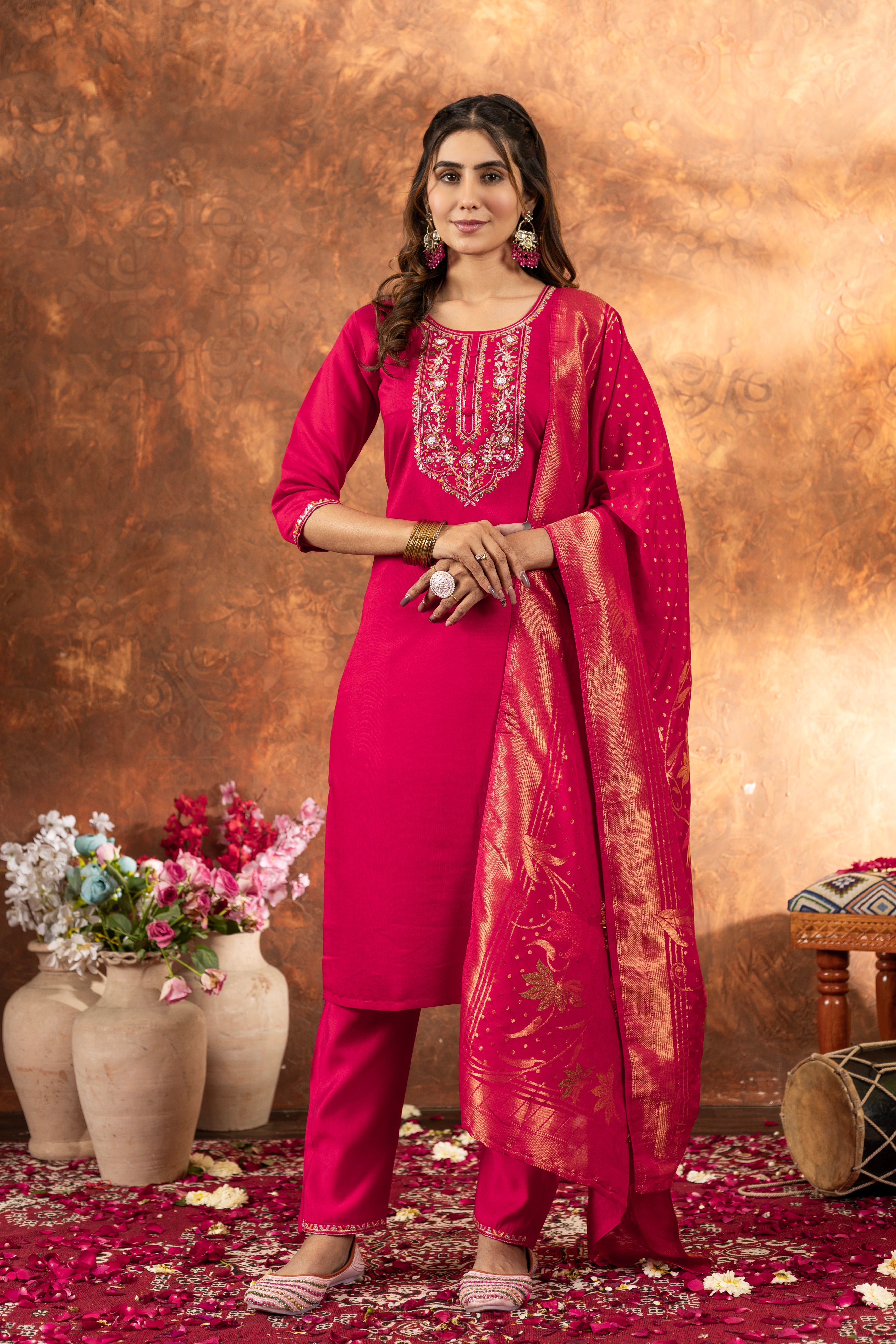 Designer Rani Pink Embroidered Marina Silk Suit
