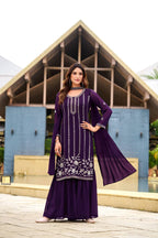 Royal Purple Georgette Embroidered Sharara Suit Set with Sequin Work