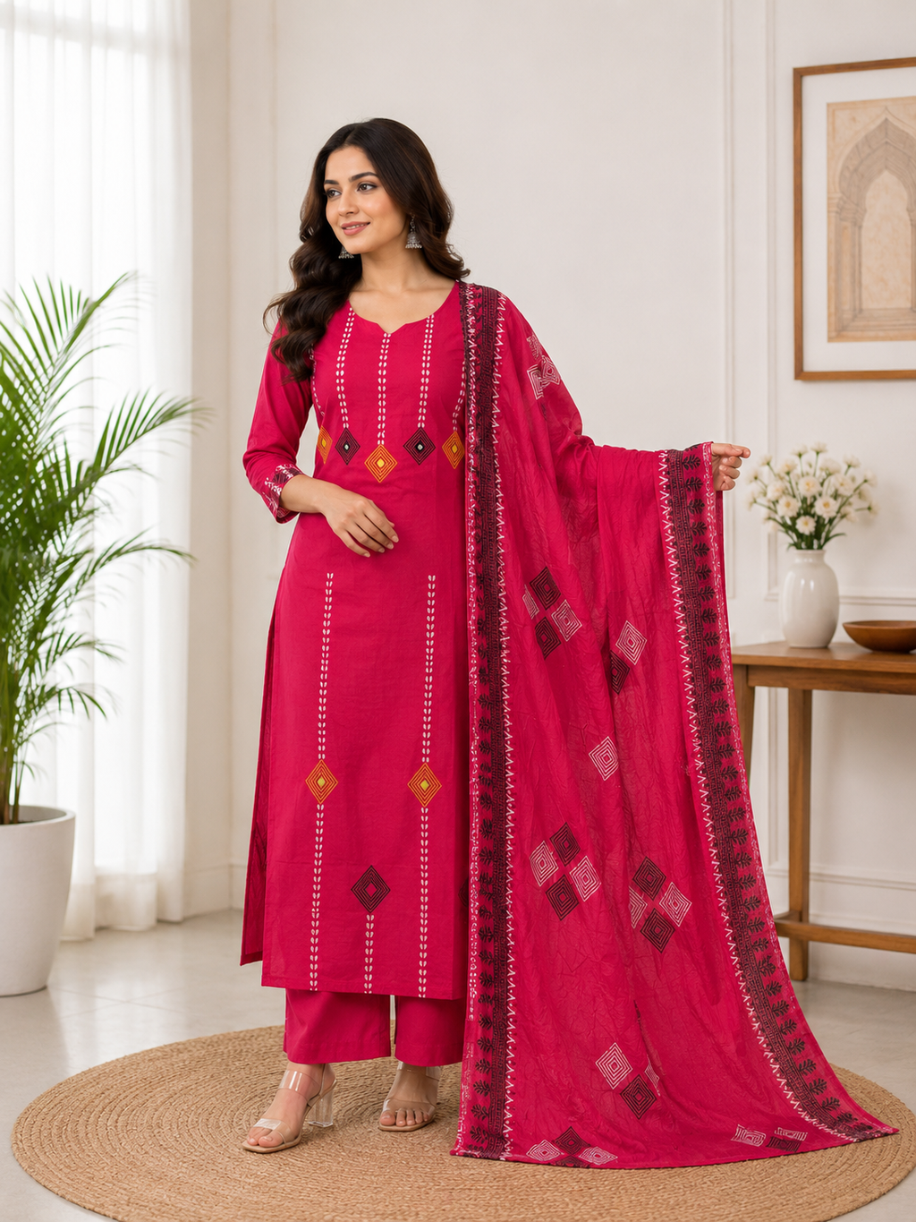 Attractive Rani Pink Pure Cotton Ethnic Suit Set with Hand Block Print Work