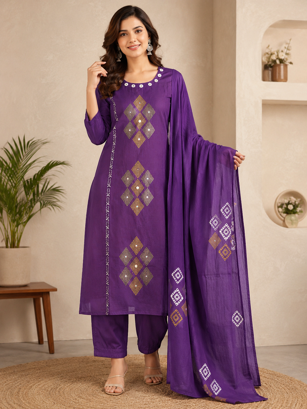 Elegant Royal Purple Pure Cotton Suit Set With Mirror Hand Work